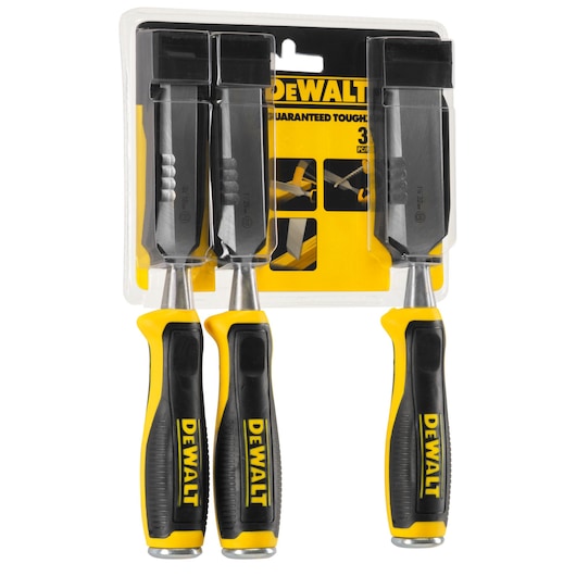 DEWALT set of three woodworking chisels with black and yellow handles in retail packaging.