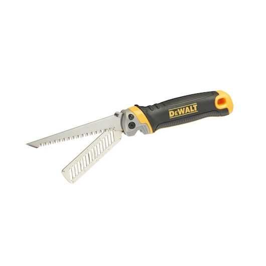DEWALT folding saw with black and yellow handle and two open blades, designed for cutting drywall or wood.