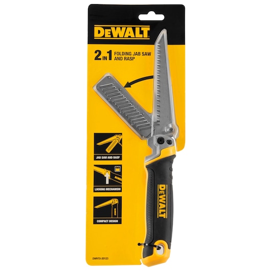 DEWALT 2-in-1 folding jab saw and rasp in packaging with black and yellow design.