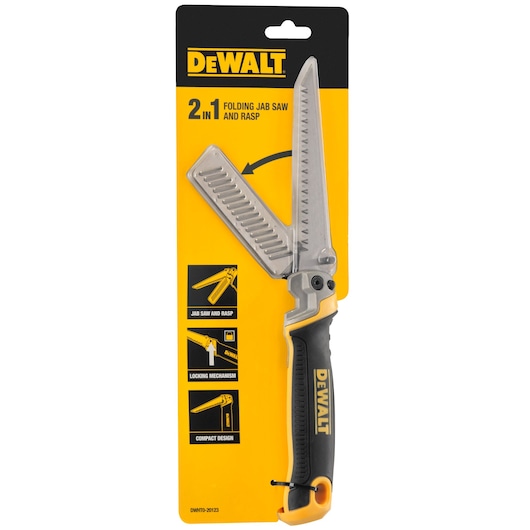 DEWALT folding jab saw and rasp in packaging, black and yellow handle, 2-in-1 tool, compact design.