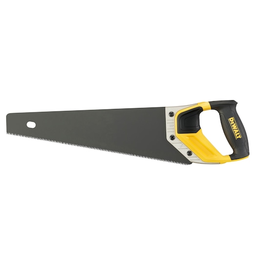 DEWALT hand saw with black blade and yellow handle designed for cutting wood.