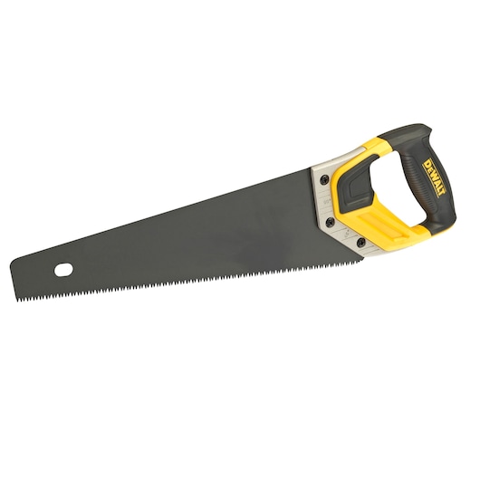 Hand saw with black blade and yellow handle, suitable for wood cutting tasks.