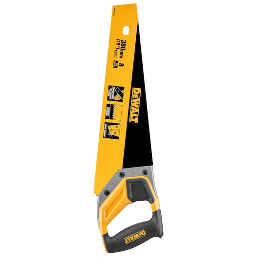 DEWALT hand saw with black and yellow blade and ergonomic handle, model DWHT0-20544, 380mm length.