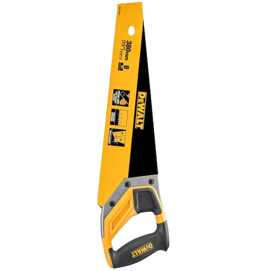 DEWALT hand saw with yellow and black blade and ergonomic handle, 380mm length, for cutting wood.