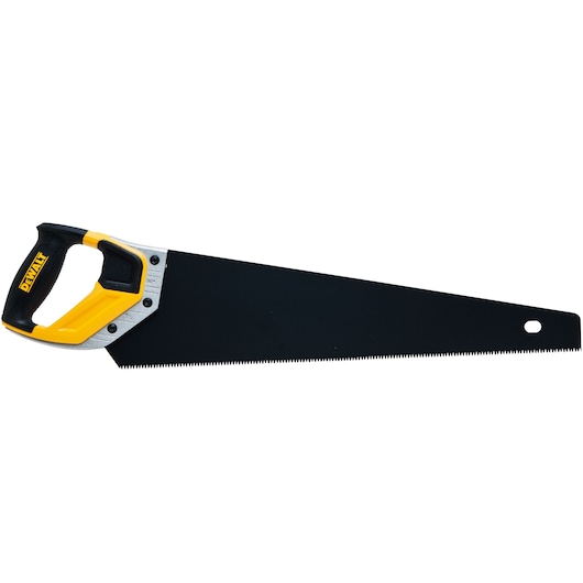 DEWALT hand saw with black blade and yellow handle for woodworking and cutting tasks.
