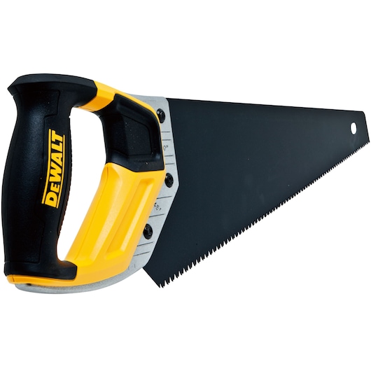 DEWALT hand saw with black blade and yellow handle, suitable for cutting wood and other materials.