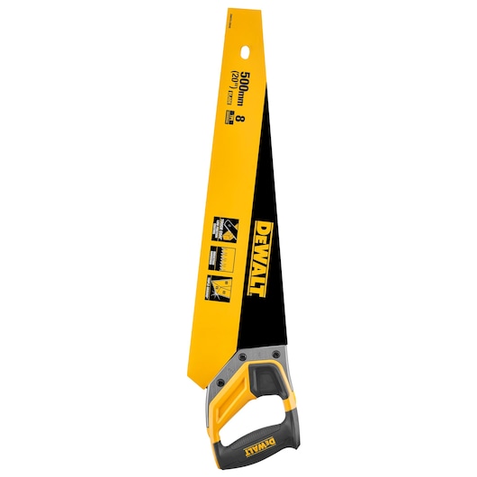 DEWALT hand saw with ergonomic handle and 500mm blade, designed for woodworking and general cutting tasks.