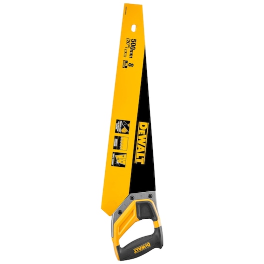 DEWALT hand saw with yellow and black blade, ergonomic handle, 500mm length, for wood cutting.