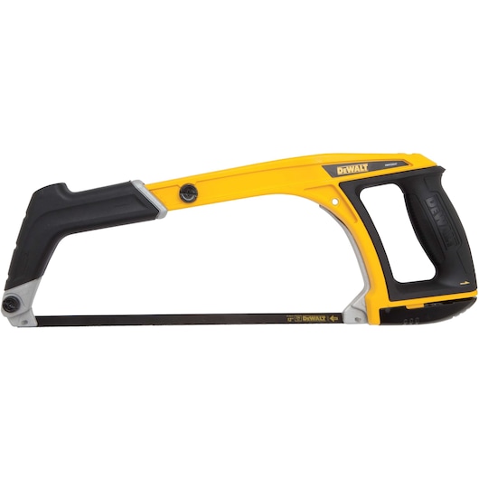 A DEWALT hand hacksaw with a yellow and black handle, designed for cutting metal or plastic pipes. The saw features an ergonomic grip and a straight blade.