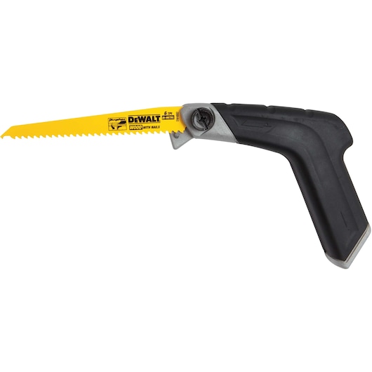 DEWALT folding hand saw with a yellow blade and black handle, designed for cutting wood.
