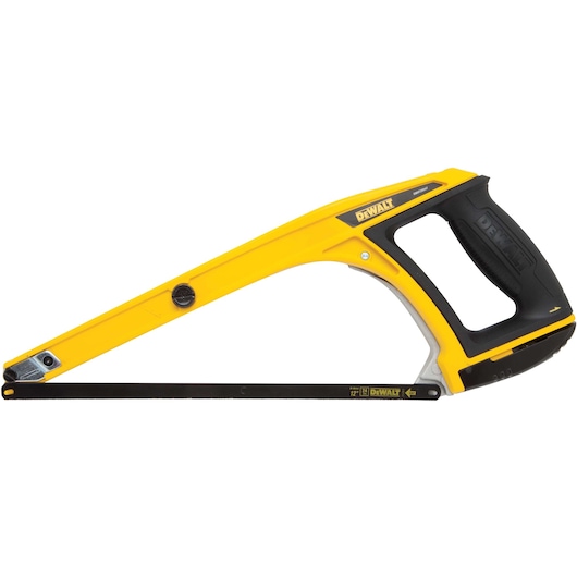 Yellow and black DEWALT hacksaw with ergonomic handle and metal blade, suitable for cutting metal or plastic.