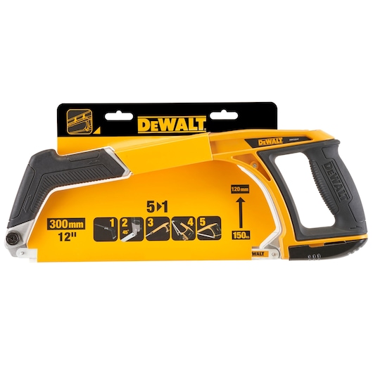 DEWALT 12-inch hacksaw in packaging, yellow and black design with product info and multiple saw functions shown.