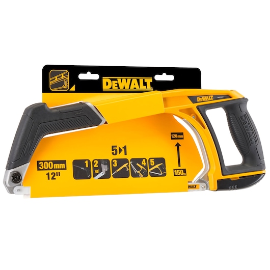 DEWALT 12-inch hand saw with ergonomic handle and multi-purpose blade shown in yellow and black packaging.