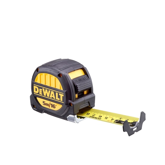 DEWALT 5m/16ft yellow and black tape measure with extended measuring blade shown.