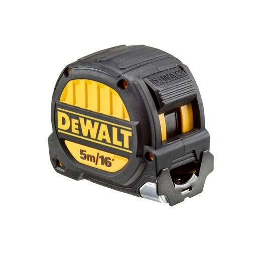 DEWALT 5m/16ft tape measure in black and yellow casing, shown on a white background.