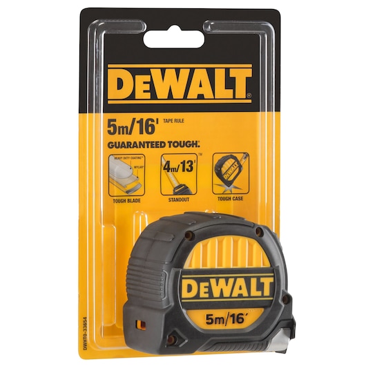 DEWALT 5m/16ft tape measure in black and yellow packaging with product details and features.