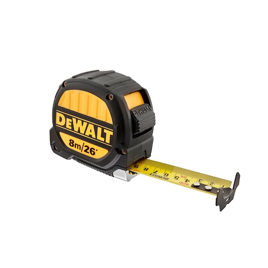 DEWALT tape measure with 8m/26ft yellow blade extended, black and yellow casing on white background.