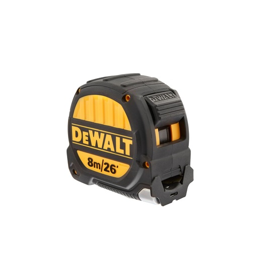 DEWALT 8m/26ft tape measure in black and yellow, suitable for precise measuring tasks.