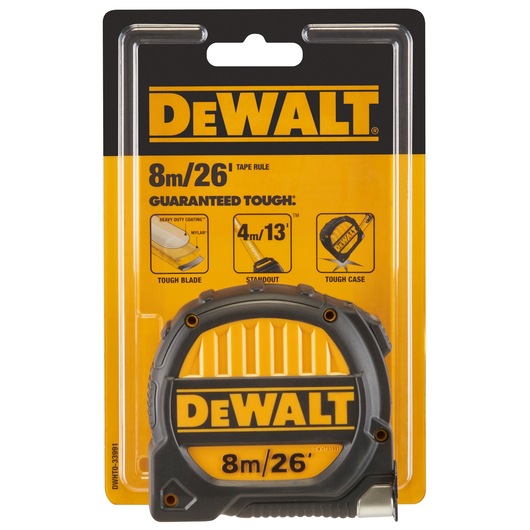 DEWALT 8m/26' tape measure in yellow-black packaging, model DWHT0-33991, for tough measurement tasks.
