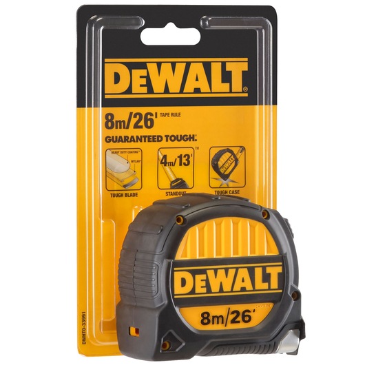 DEWALT 8m/26ft tape measure in yellow and black packaging. Heavy duty, tough blade, and standout features.