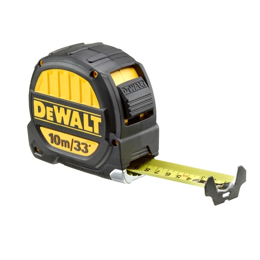 DEWALT 10m/33ft tape measure with black and yellow casing, extended yellow measuring tape.