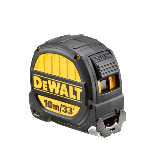 DEWALT 10m/33ft tape measure in black and yellow casing, designed for durability and precision measurements.