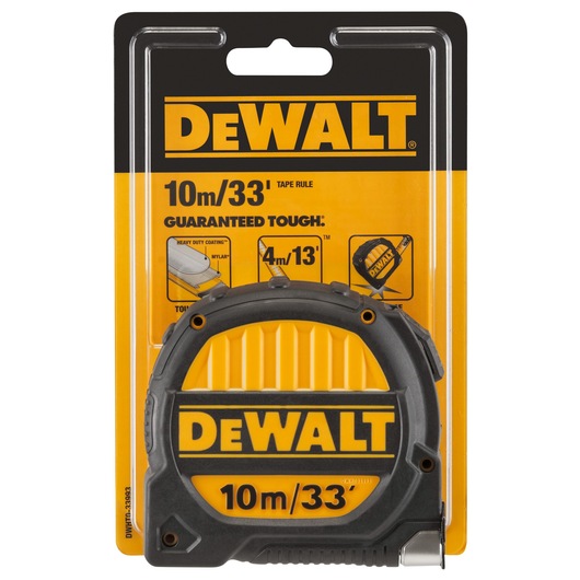 DEWALT 10m/33' tape measure in packaging, yellow and black design, for measuring tasks.