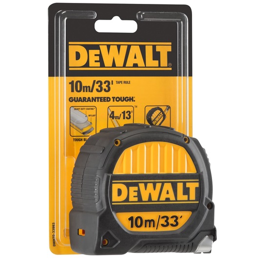 DEWALT 10m/33ft tape measure in black and yellow, packaged for retail display.