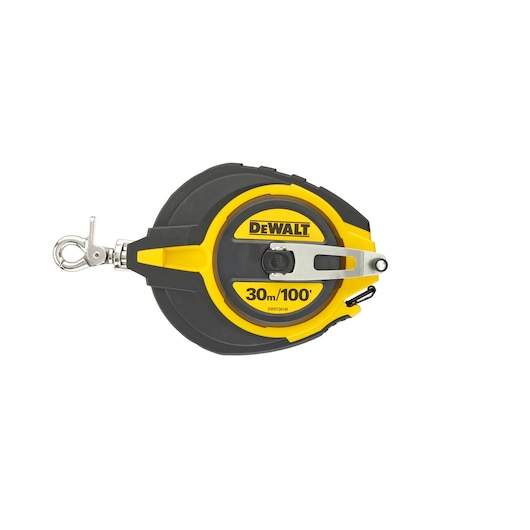 DEWALT 30m/100ft measuring tape in black and yellow casing with metal hook and handle.