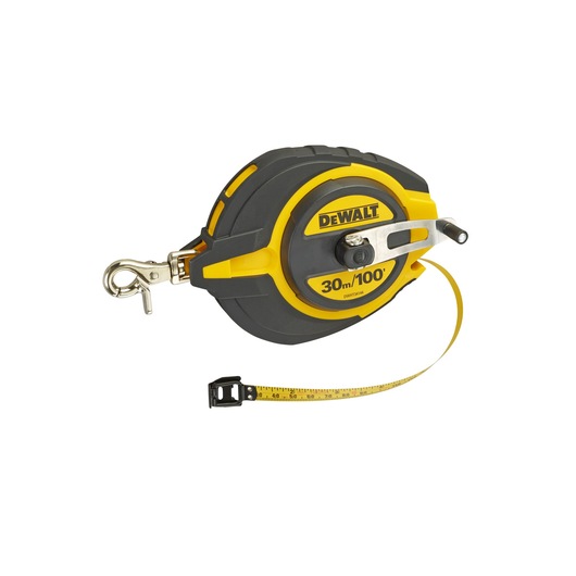 A DEWALT 30 meter/100 feet yellow and black open reel tape measure with a metal hook and a visible measuring tape.