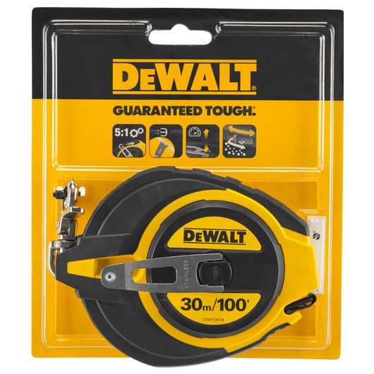 DEWALT 30m/100ft tape measure in black and yellow packaging. Model DWHT0-34144, tough and durable.