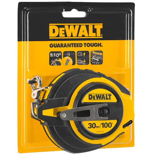 DEWALT 30m/100ft tape measure in yellow and black packaging, suitable for precise and durable measurements.