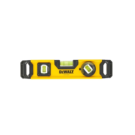 DEWALT DWHT0-43003 yellow spirit level with three vials and black ends, used for accurate leveling tasks.