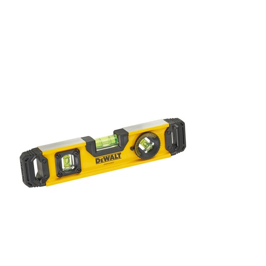 Yellow DEWALT spirit level with three vials and black end caps, model DWHT0-43003, used for precise leveling.