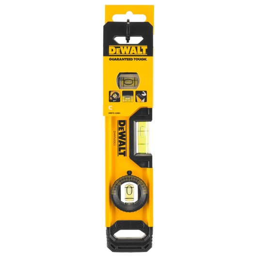DEWALT DWHT0-43003 magnetic torpedo level in yellow and black packaging, suitable for precise measurements.