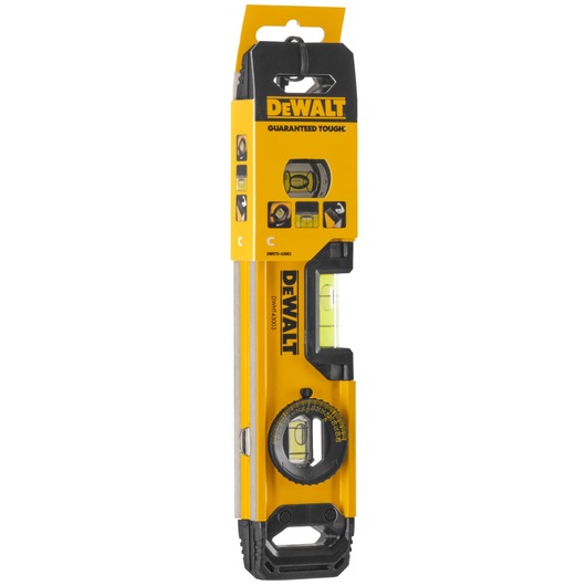 DEWALT DWHT0-43003 yellow torpedo level with rotating vial in retail packaging.