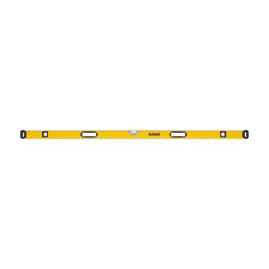 Yellow DEWALT spirit level with three vials and two handles, designed for accurate measurement.