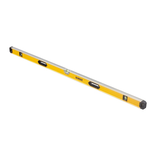 Yellow DEWALT spirit level with built-in vials and handles for measuring straight lines.