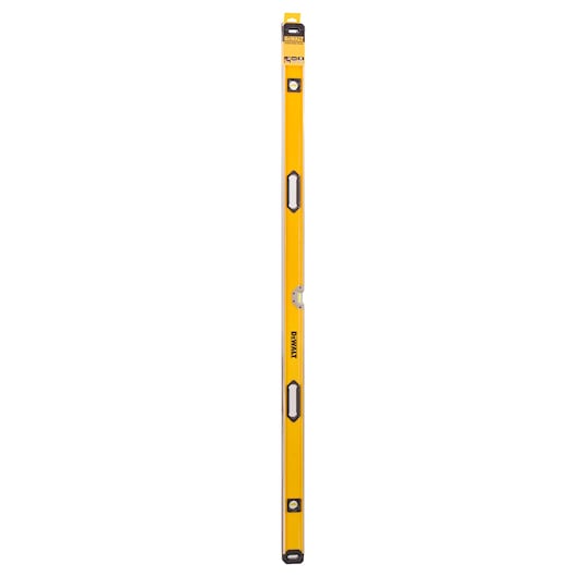 Yellow DEWALT spirit level tool with multiple bubble vials, used for measuring horizontal or vertical alignment.