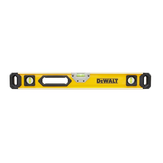Yellow DEWALT spirit level with three vials and handles, used for measuring straight and level surfaces.