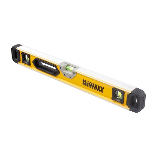 DEWALT yellow spirit level with handle and three bubble vials, rectangular shape for precision leveling.