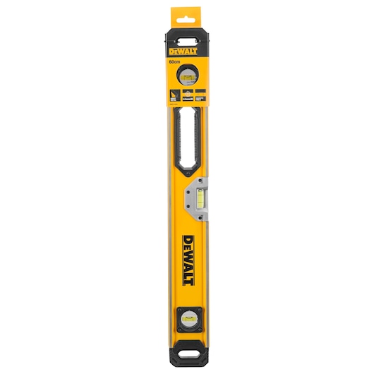 DEWALT 60cm yellow spirit level with three vials and handle, suitable for precise measurements in construction.