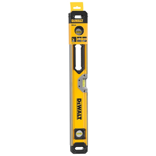 DEWALT 60cm yellow spirit level with handle, three vials, and protective end caps in vertical packaging.