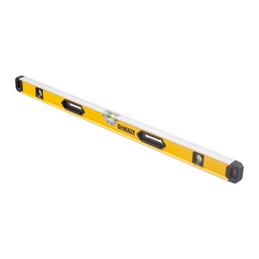 Yellow DEWALT spirit level with handles and three bubble vials, angled view on white background.