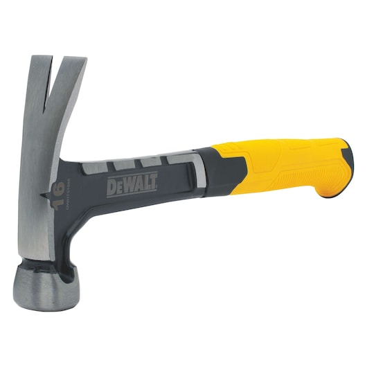 DEWALT claw hammer with yellow and black handle, designed for carpentry and general construction tasks.