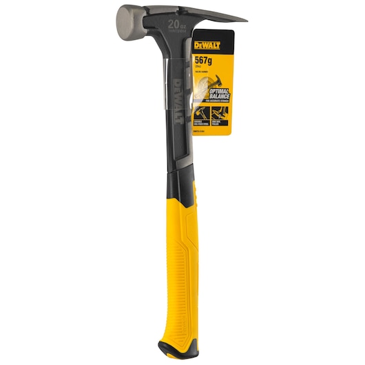 DEWALT hammer with yellow handle and label for 567g weight and optimal balance. Head and claw visible.