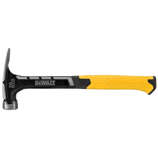 DEWALT 20oz claw hammer with a black and yellow ergonomic handle, useful for carpentry and construction tasks.