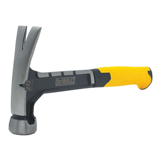 DEWALT claw hammer with a black and yellow ergonomic handle, suitable for construction tasks.