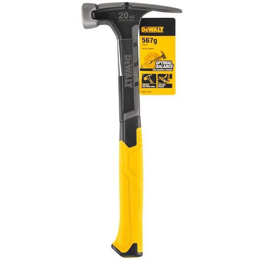 DEWALT 20oz hammer with yellow and black handle, model DWHT0-51054, shown with balance and durability label.