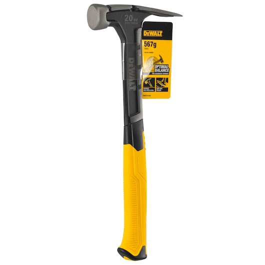 DEWALT claw hammer with yellow handle, 567g, product label attached. For accurate strikes and optimal balance.